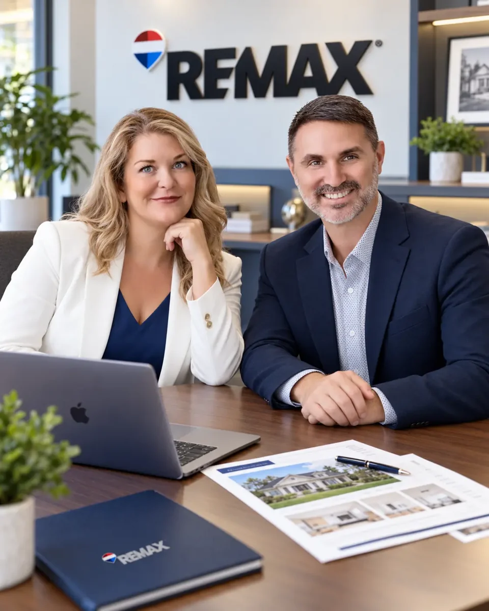 Kate Ward and Peter White at a desk in a RE/MAX office with property details and a laptop