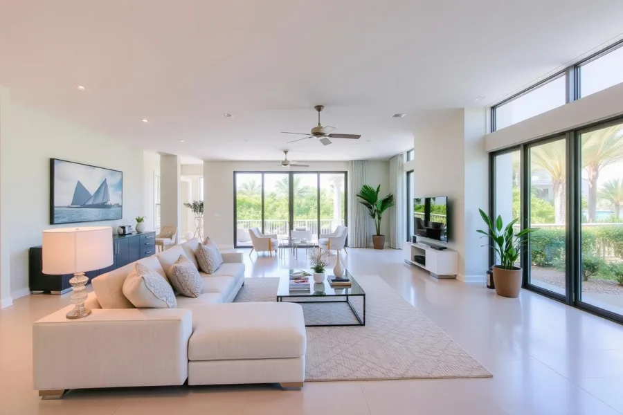 Bright furnished living room with large windows and an open kitchen