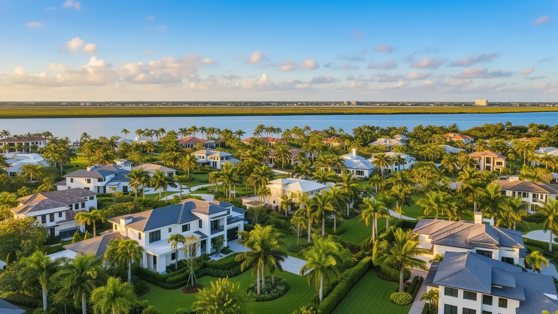 Sunlit aerial view of Treasure Coast waterfront homes, palm trees and blue water