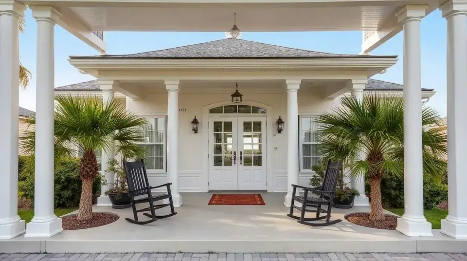 Coastal home with a welcoming front porch and landscaped palm trees