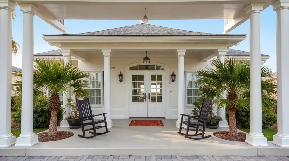 Coastal home with a welcoming front porch and landscaped palm trees