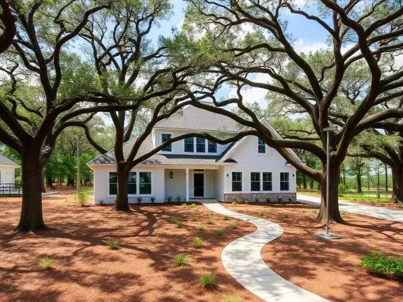 Light-colored Florida home shaded by mature oak trees