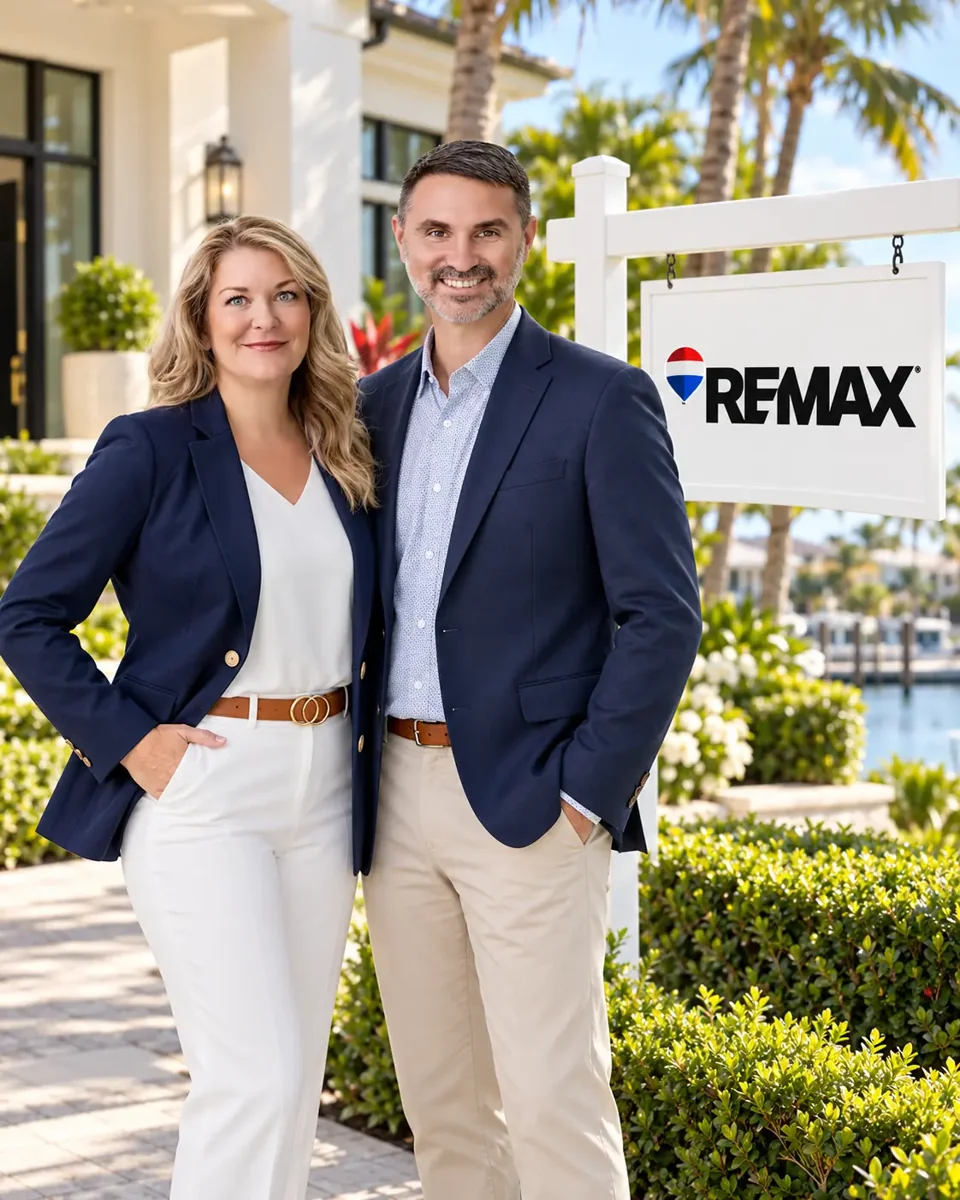 Kate Ward and Peter White beside a RE/MAX real estate sign outside a palm-lined home