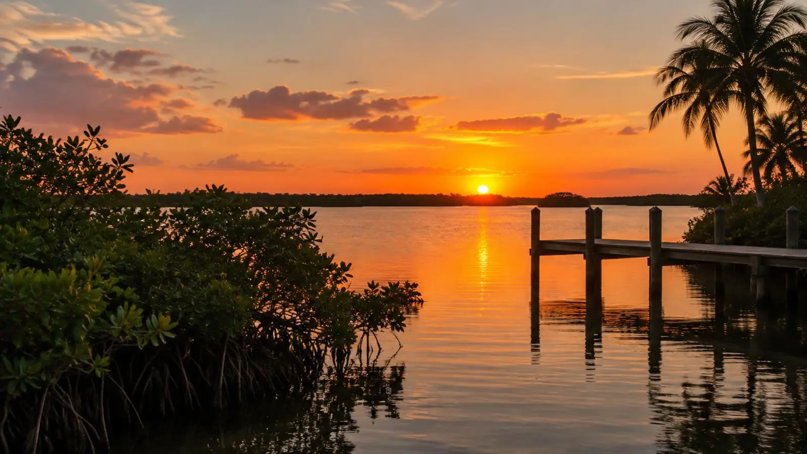 Sunset over a calm Florida lagoon with mangroves and a wooden dock