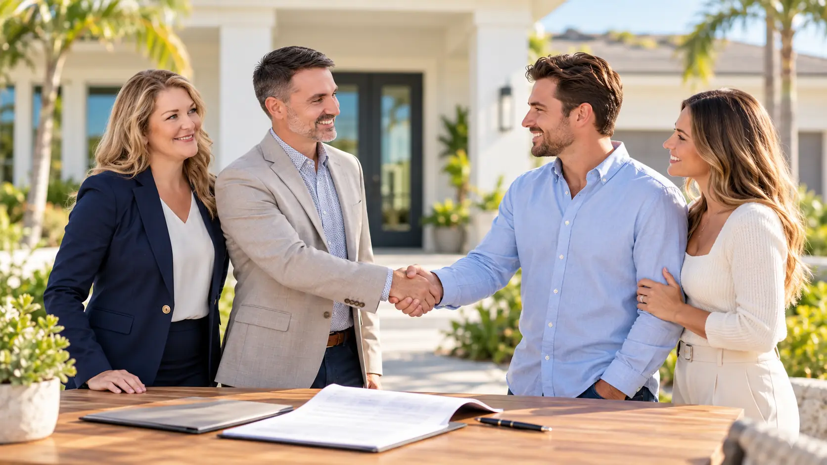 Agents and buyers shaking hands over closing paperwork at a table outside a new Florida home