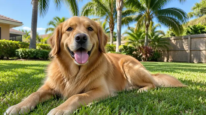 Golden retriever lying on the grass in a sunny Florida backyard