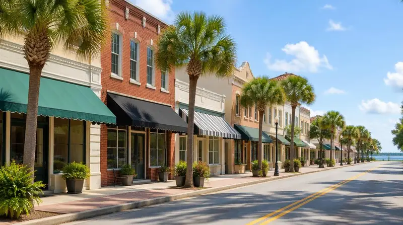 Historic Florida downtown street with brick storefronts, awnings and palm trees