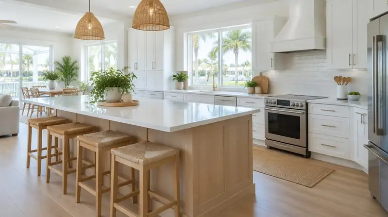 Bright renovated kitchen with white cabinets and a light wood island