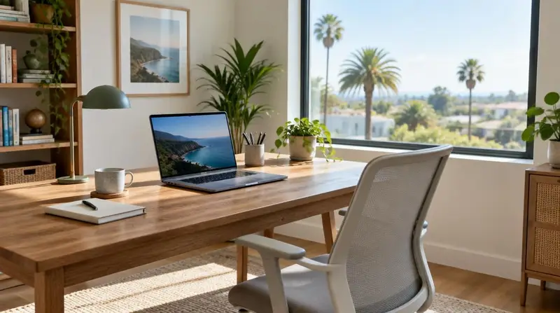 Bright home office with a wooden desk and a window looking out at palm trees