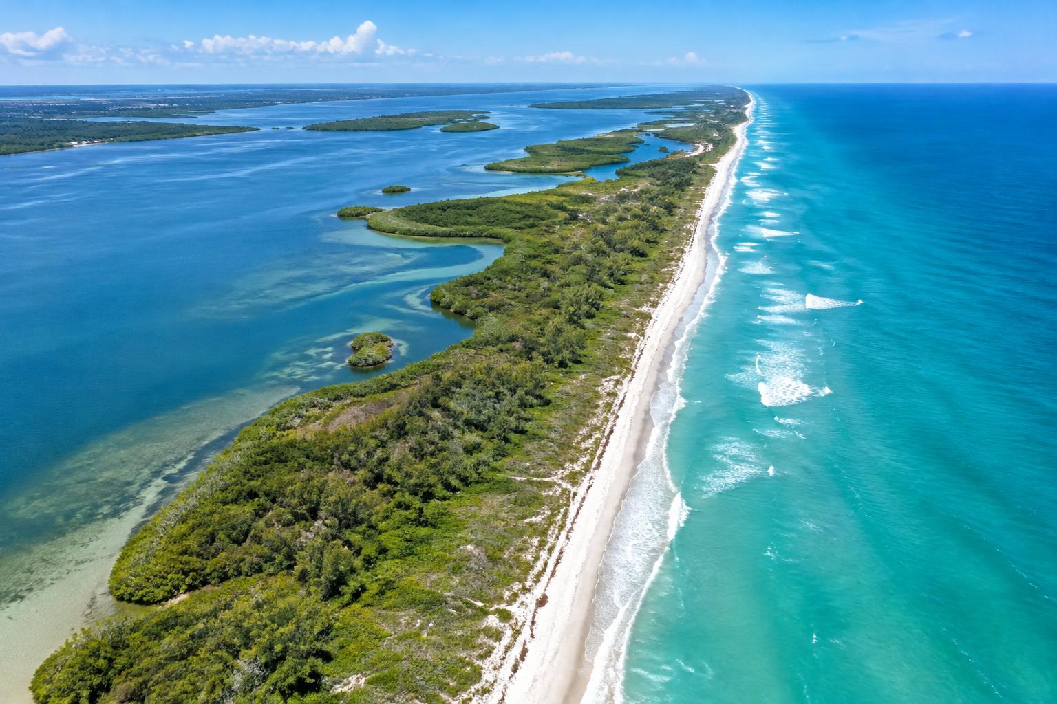 Illustrative aerial view of Florida's Indian River Lagoon, green barrier island and turquoise Atlantic shoreline
