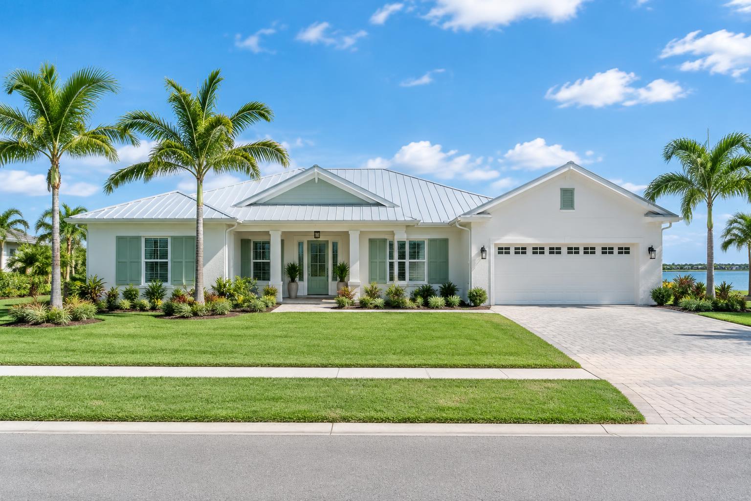 Illustrative light coastal Florida home with sage shutters, a covered porch and palms