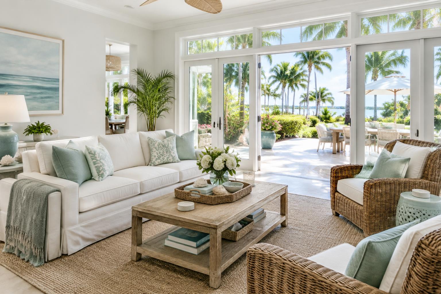 Illustrative airy coastal living room opening onto a sunny palm-lined terrace