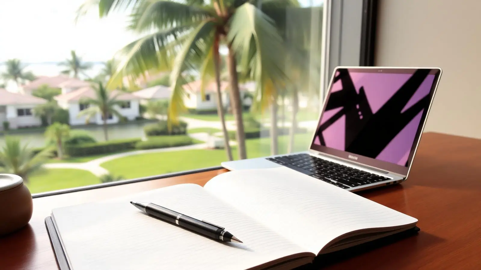 Notebook and laptop on a desk overlooking a palm-lined Florida neighborhood