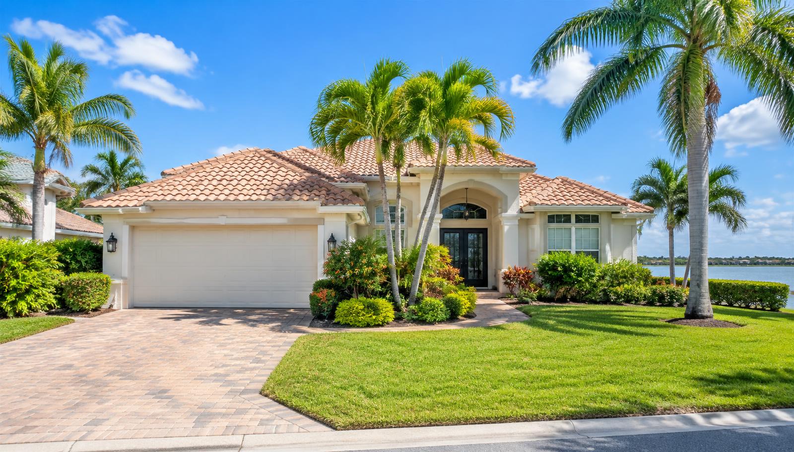 Tile-roof Florida home with palm trees and a lake view on a sunny day