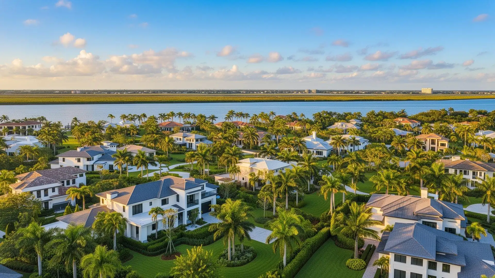 Sunlit aerial view of Treasure Coast waterfront homes, palm trees and blue water