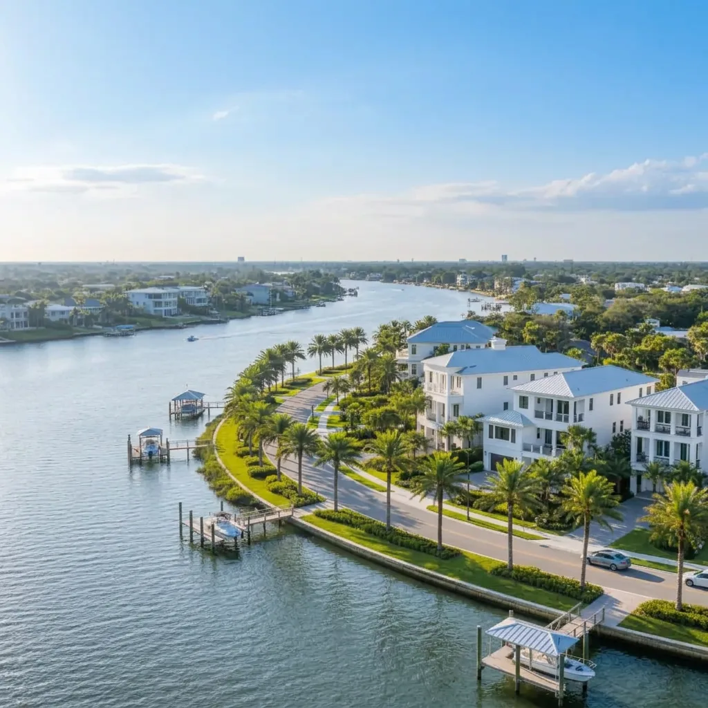 Sunlit waterfront homes, palms and boat docks along a blue Treasure Coast river