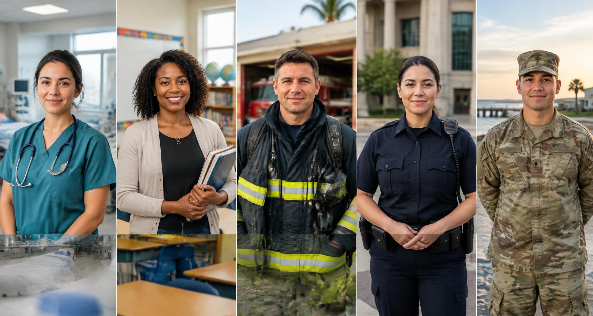 Illustrative portraits of a nurse, teacher, firefighter, police officer and service member in their workplaces
