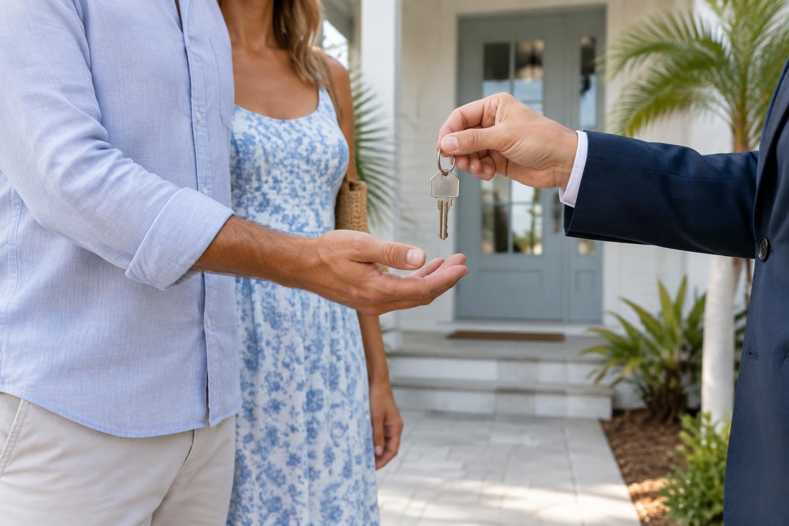 A couple receiving house keys outside a pale blue Florida home entrance