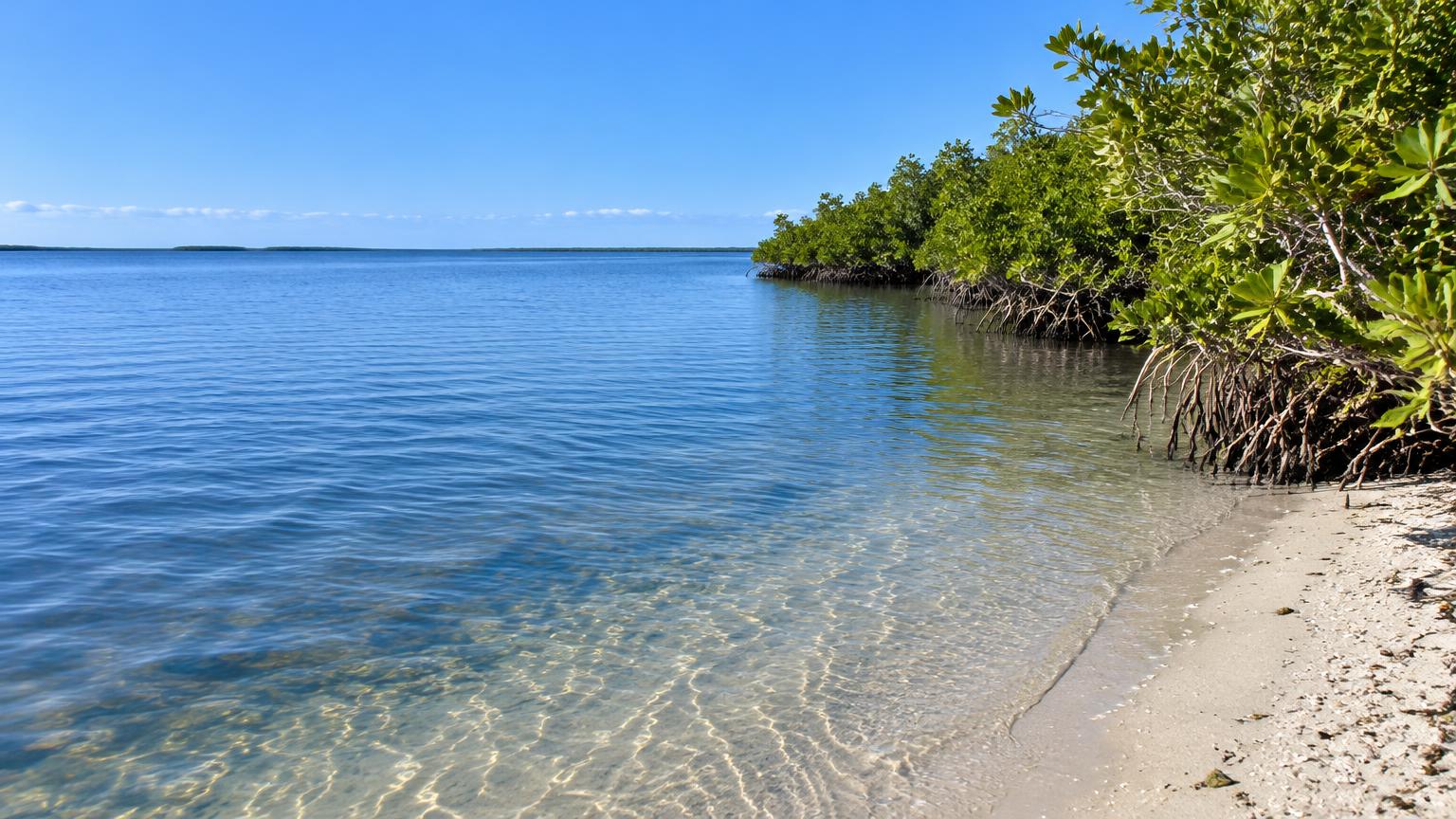 Calm Florida lagoon beside a sandy edge and sunlit mangroves