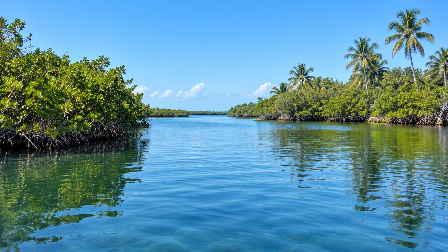 Blue Florida lagoon water sheltered by mangroves and palms