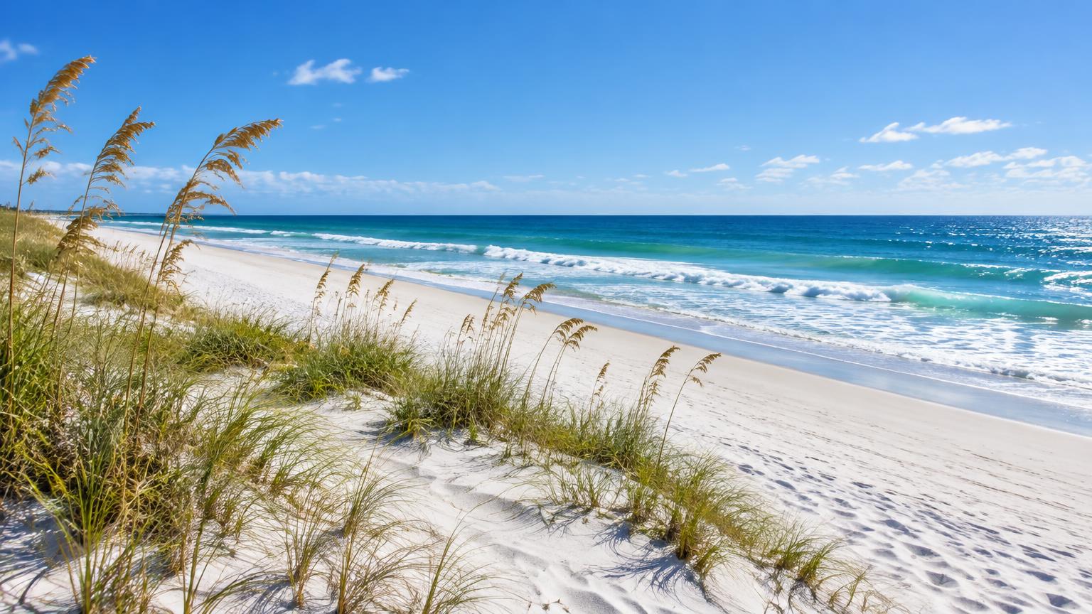 White Florida beach, Atlantic surf and sea oats beneath a blue sky