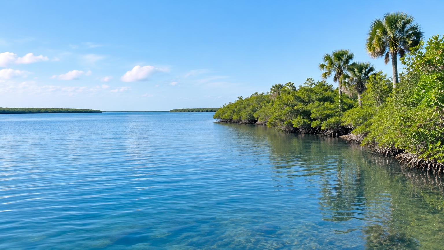 Sunny Florida lagoon with calm blue water, mangroves and palms