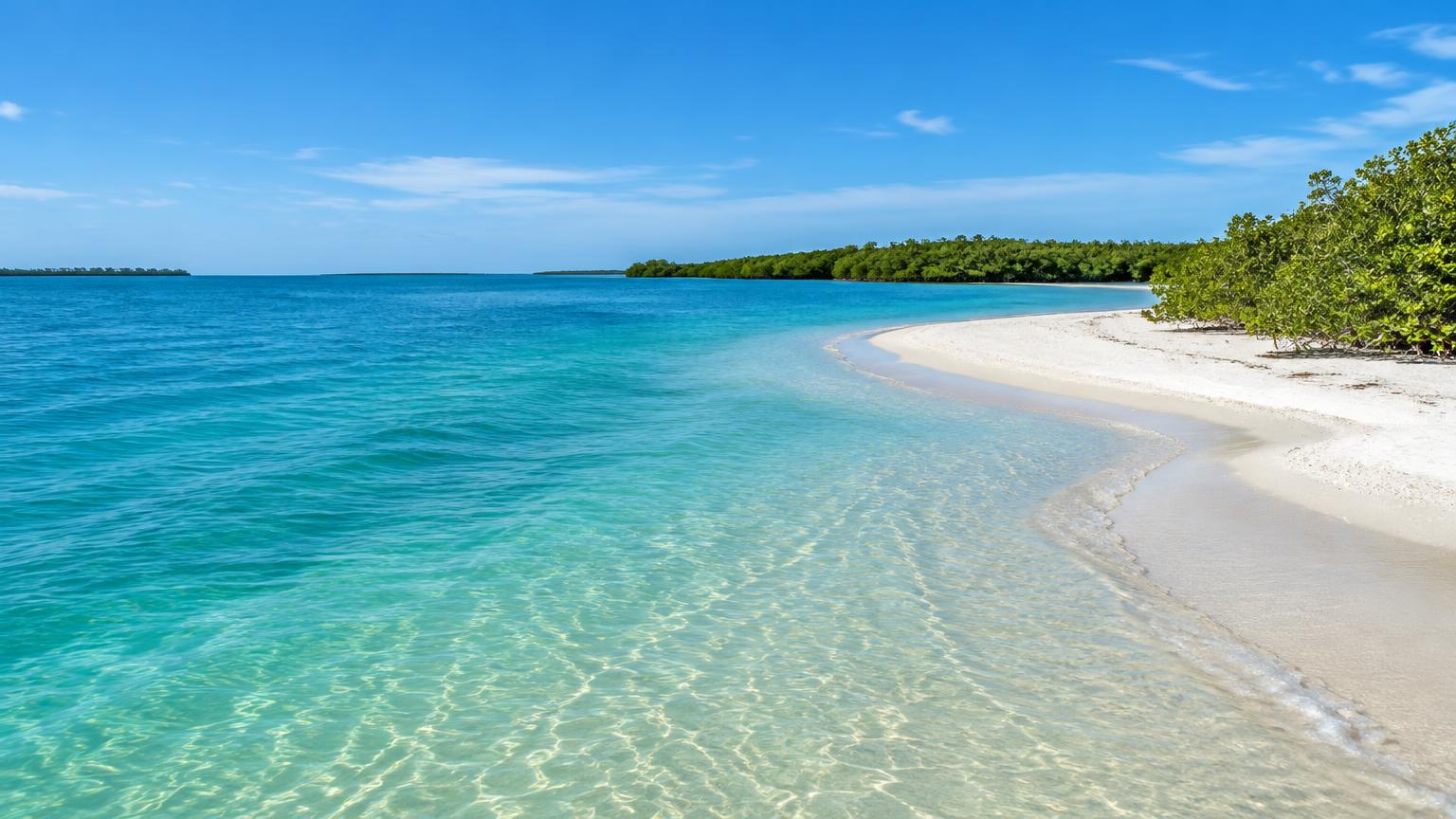 Clear turquoise Florida inlet beside a sandy shoreline and mangroves
