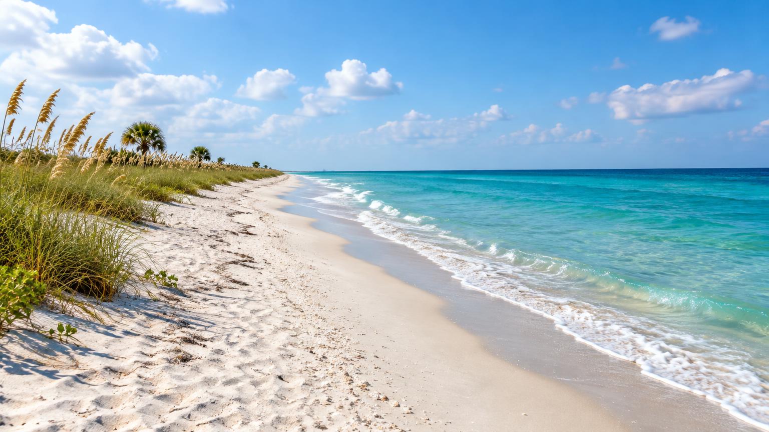 Atlantic coastline with sea oats, white sand and clear blue water