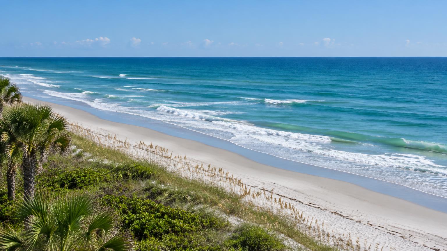 Florida beach with dune palms and gentle Atlantic waves