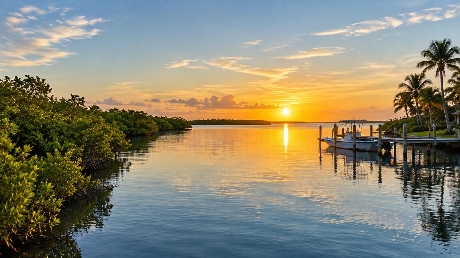 Calm lagoon water at sunrise beside a mangrove shoreline