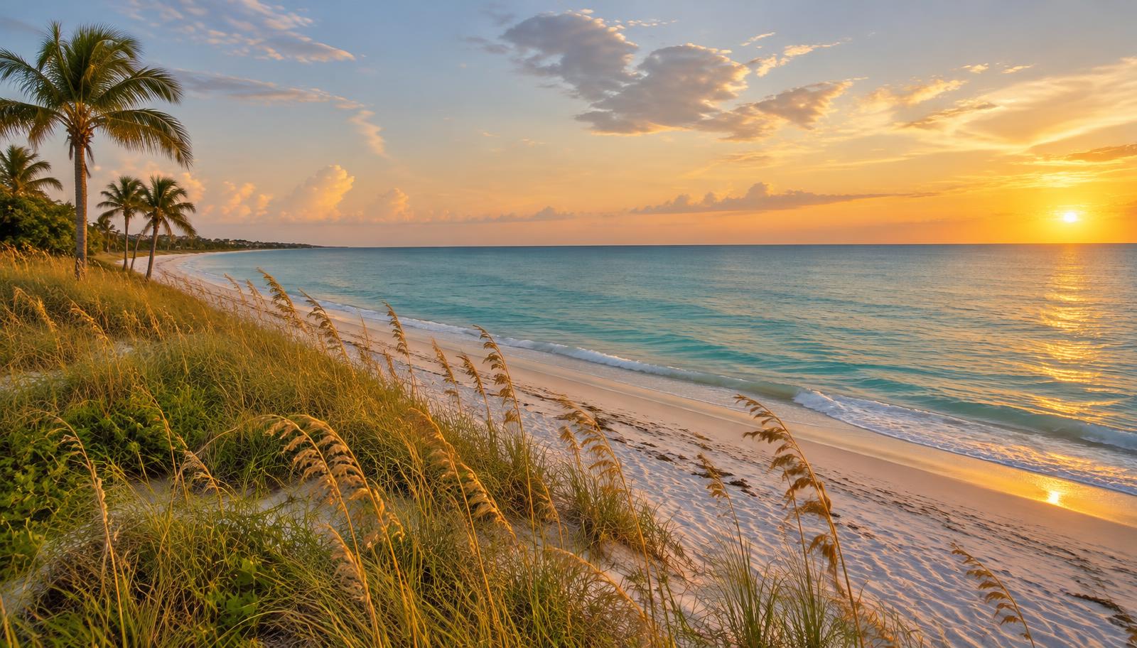 Golden sunrise over a quiet Treasure Coast beach with sea oats and palms