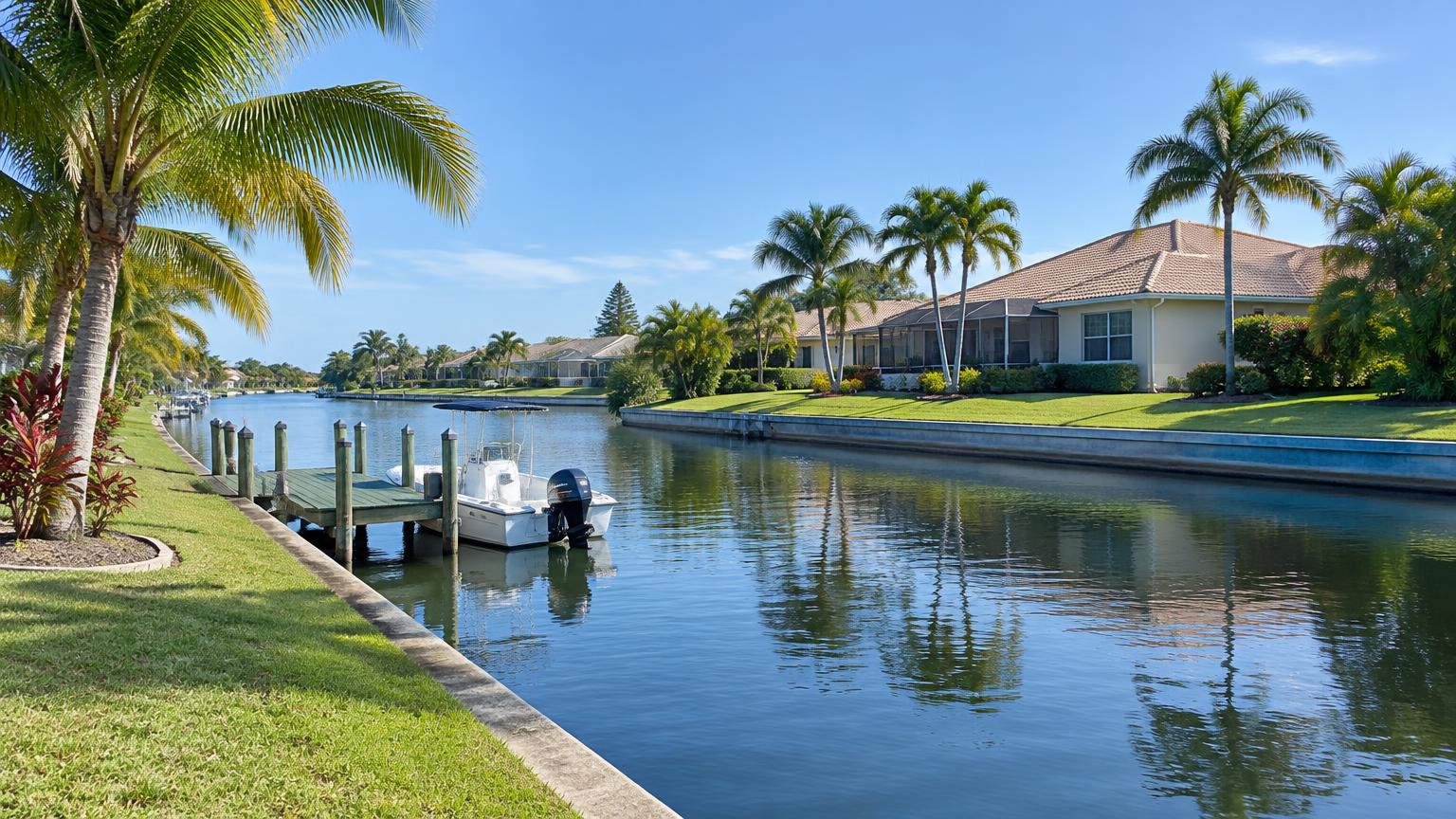Quiet Port St. Lucie canal with palms, a small boat and a single-story home