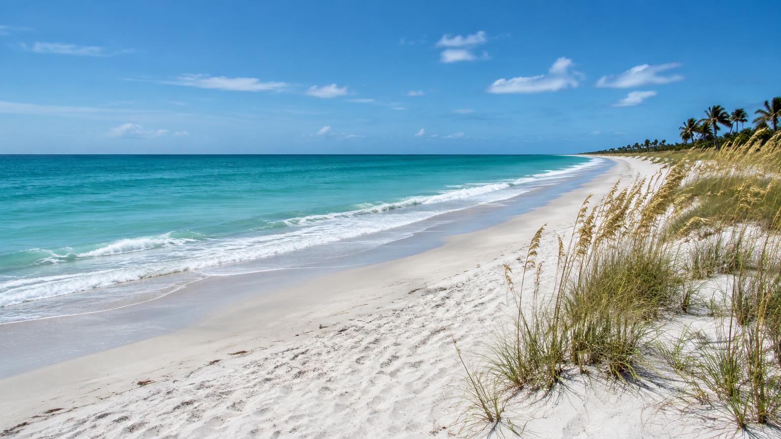 Gentle Atlantic waves along a Florida beach with sea oats and palms