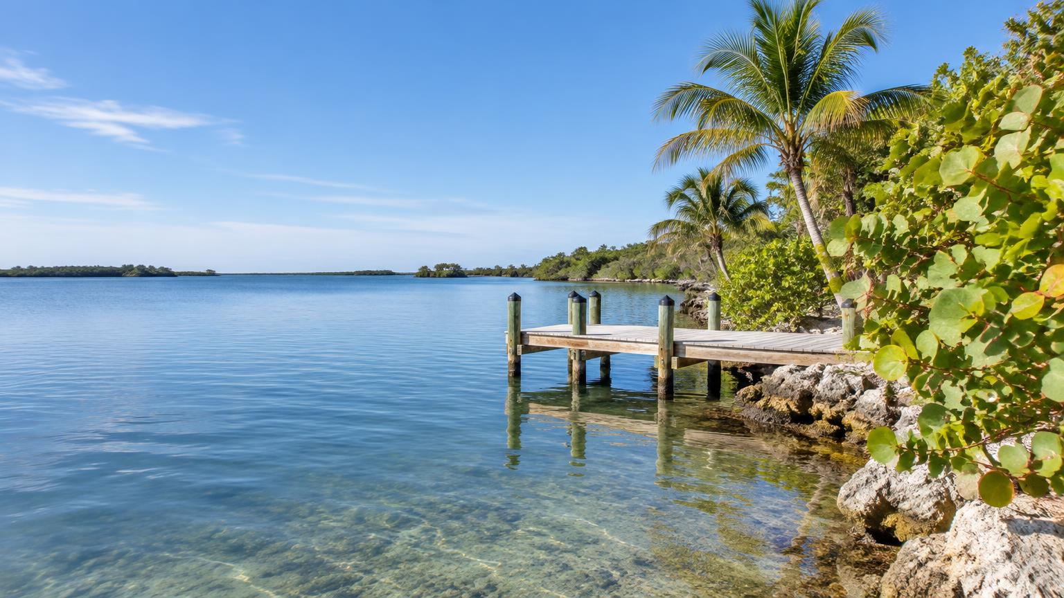 Clear Florida lagoon beside a wooden dock, palms and sea grape trees