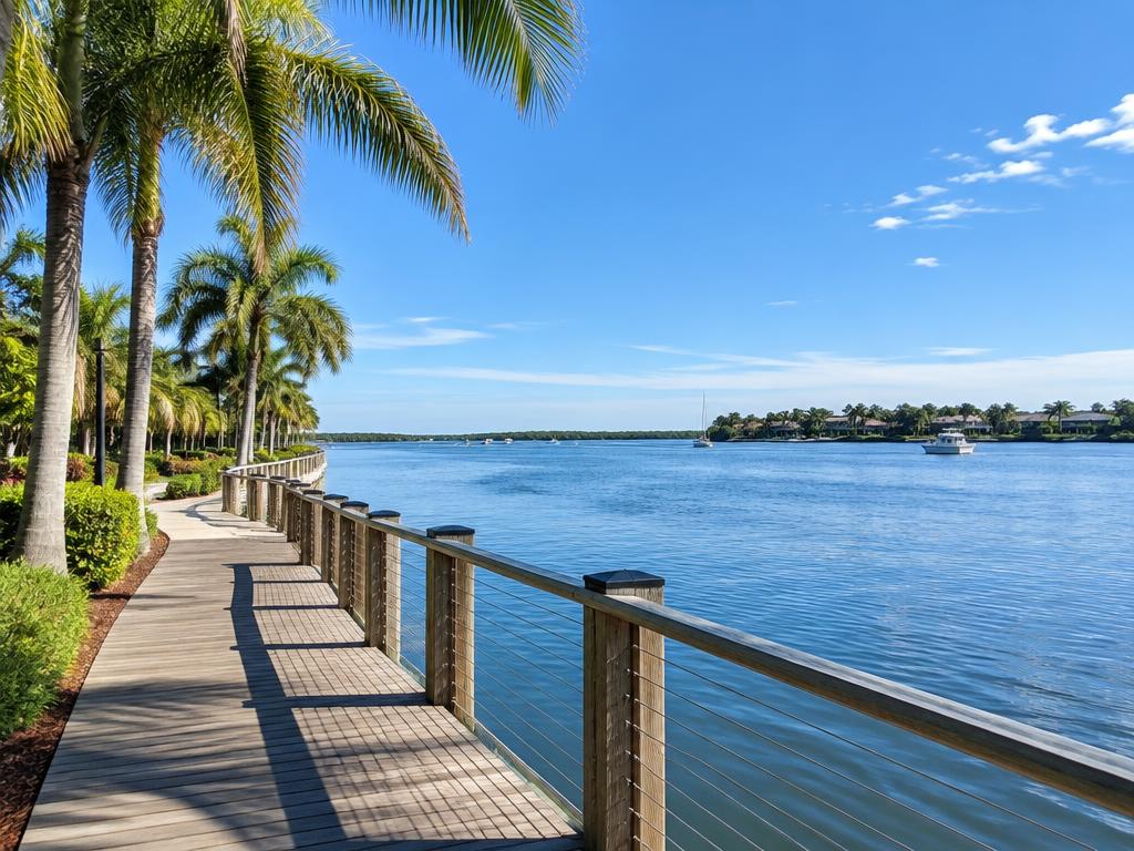 Palm-lined Florida boardwalk beside a calm blue river