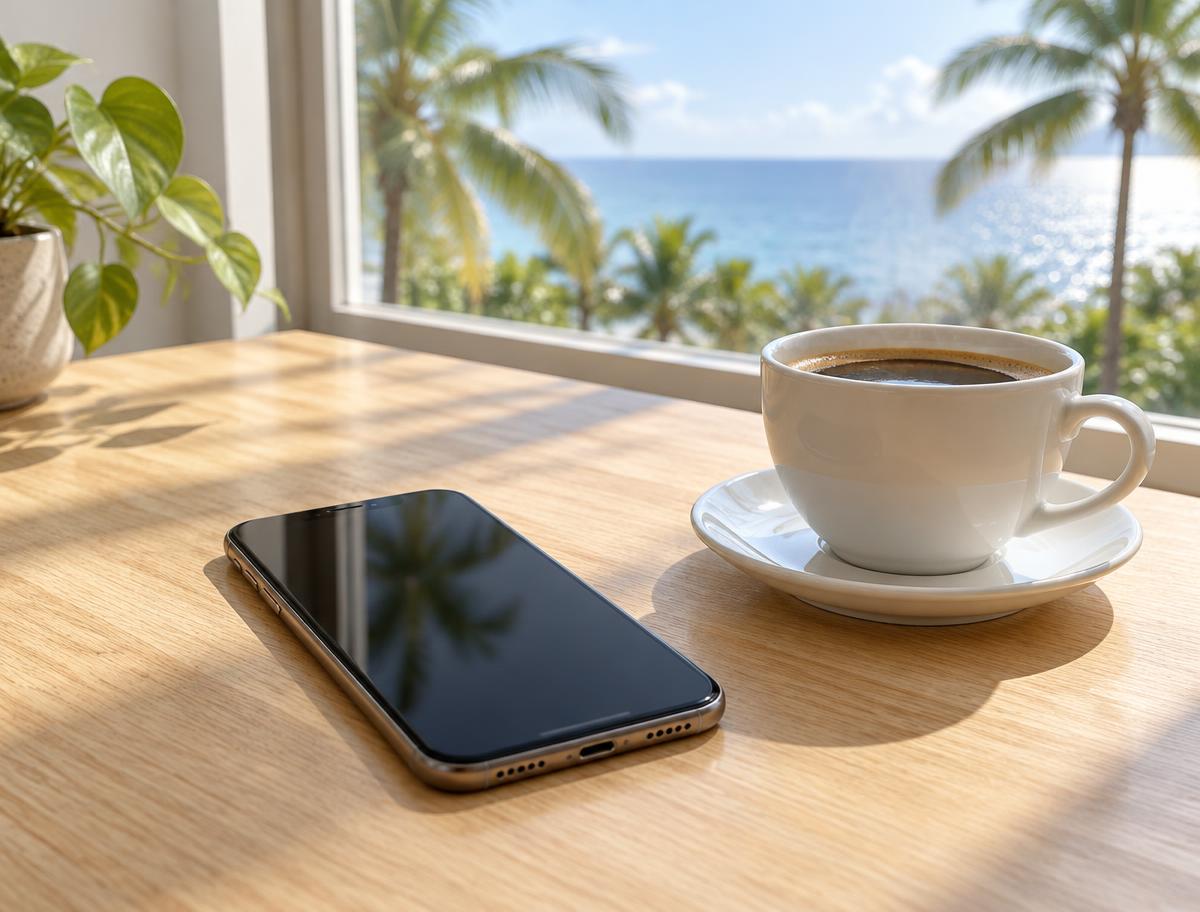 Smartphone on a sunny table beside a coffee cup with palm trees and ocean outside the window