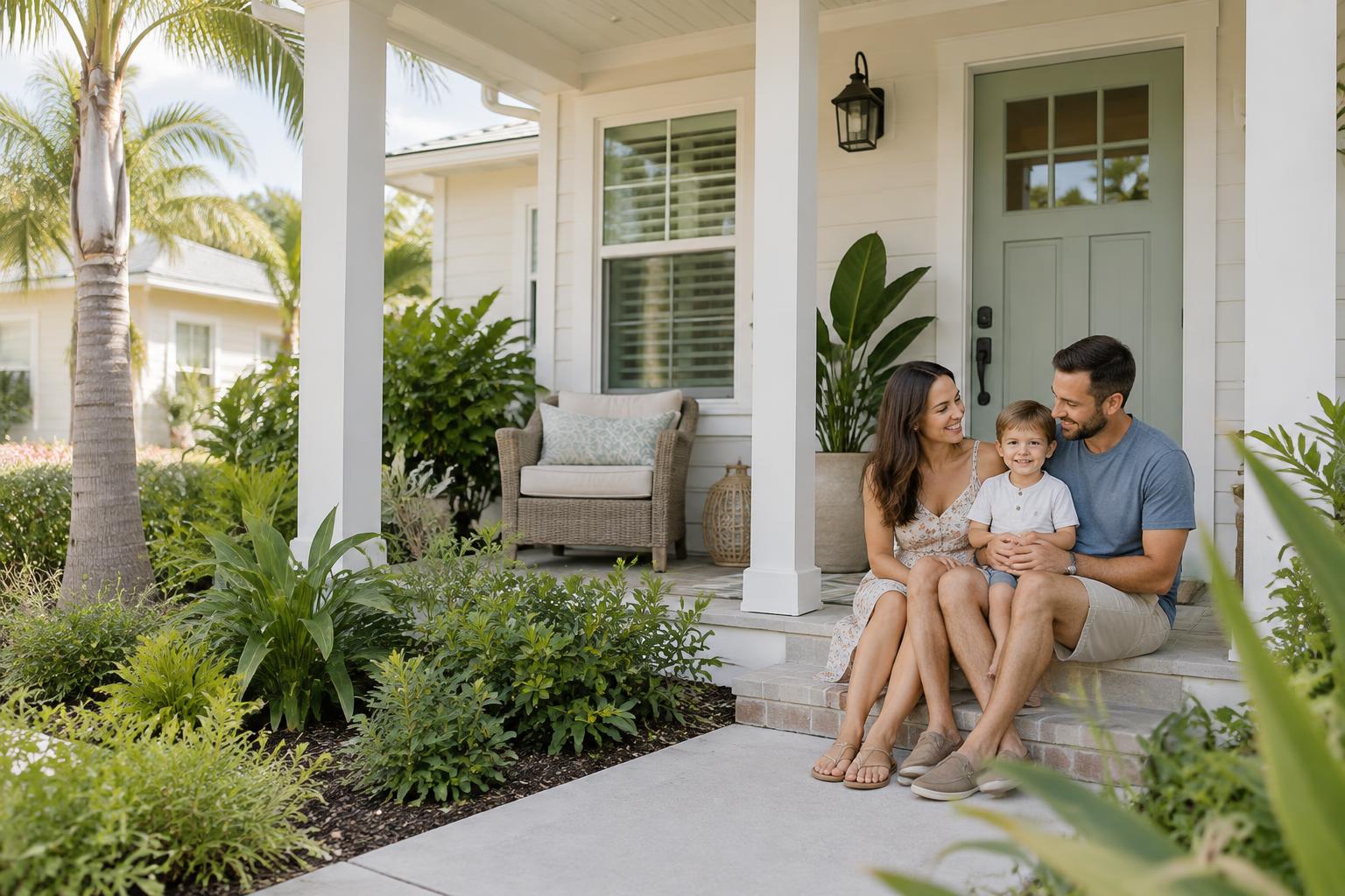 Parents and a child sitting on the steps of a light Florida home with a sage front door and palms