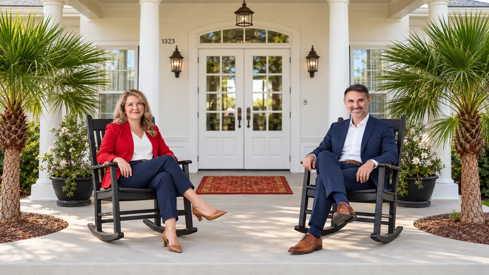 Kate and Pete seated in black rocking chairs on the bright white front porch of a Florida home with palms