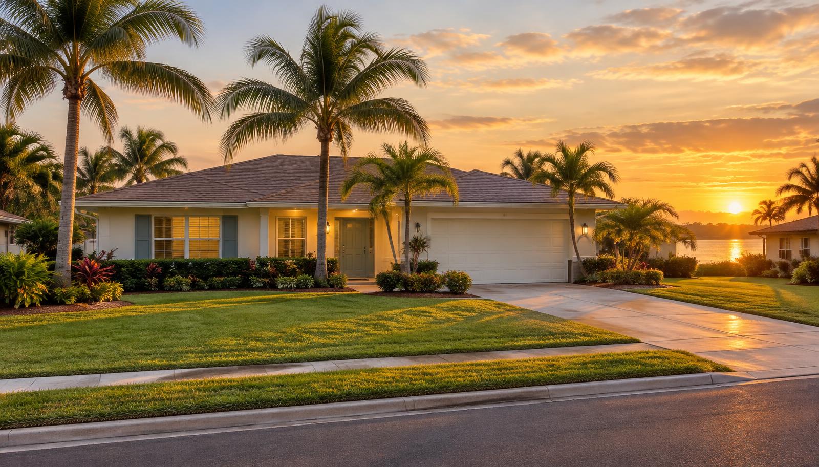 Florida ranch home with palm trees and a tidy lawn at golden hour