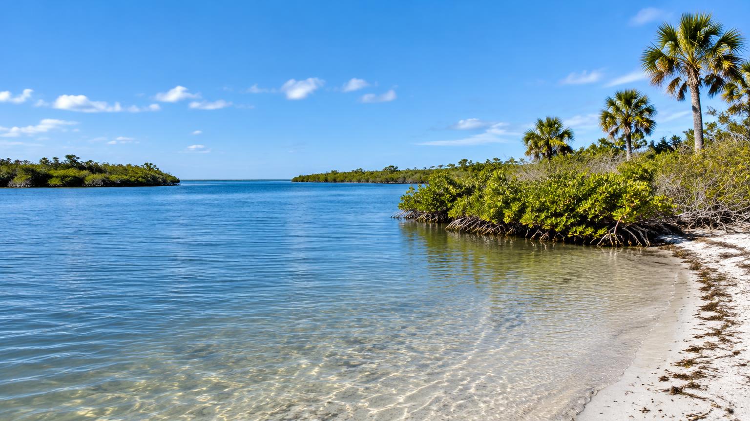 Blue Florida lagoon beside a sandy mangrove shoreline and palms