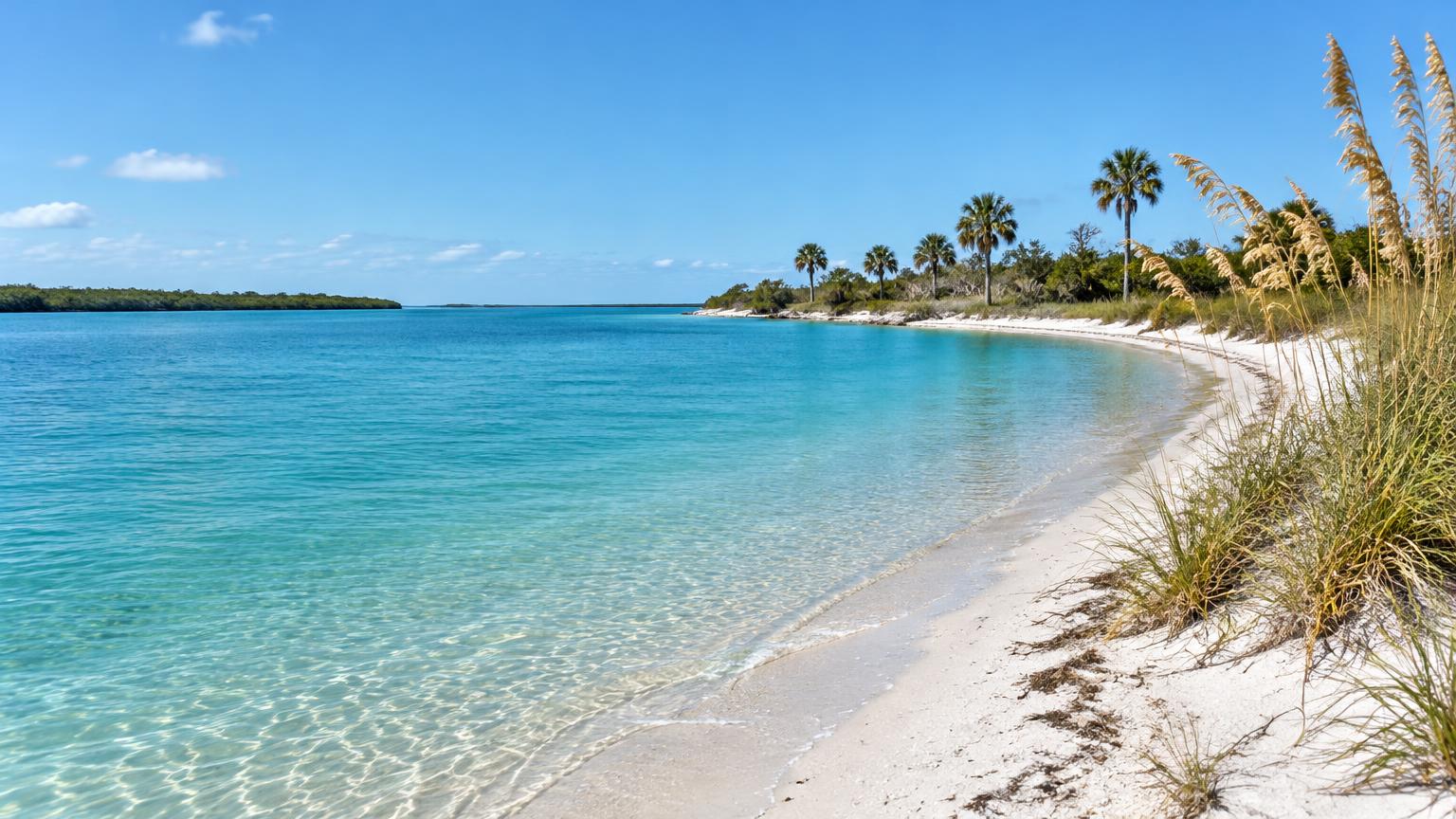 Turquoise Florida inlet beside white sand, sea oats and palms