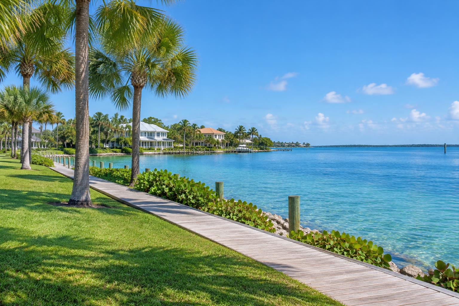 Illustrative Florida lagoon waterfront with a boardwalk, palms and coastal homes